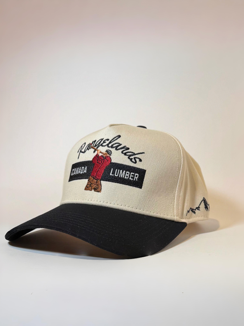 Front lumberjack logo and side mountain logo on lumberjack hat