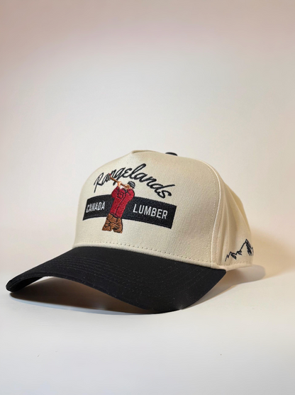 Front lumberjack logo and side mountain logo on lumberjack hat